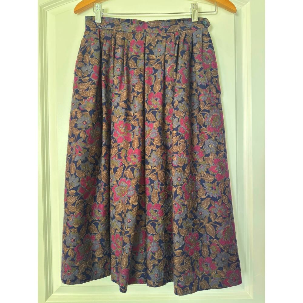 VTG 1980s I. Magnin 100% Wool Floral Midi Skirt Pleated San Francisco Luxury 8